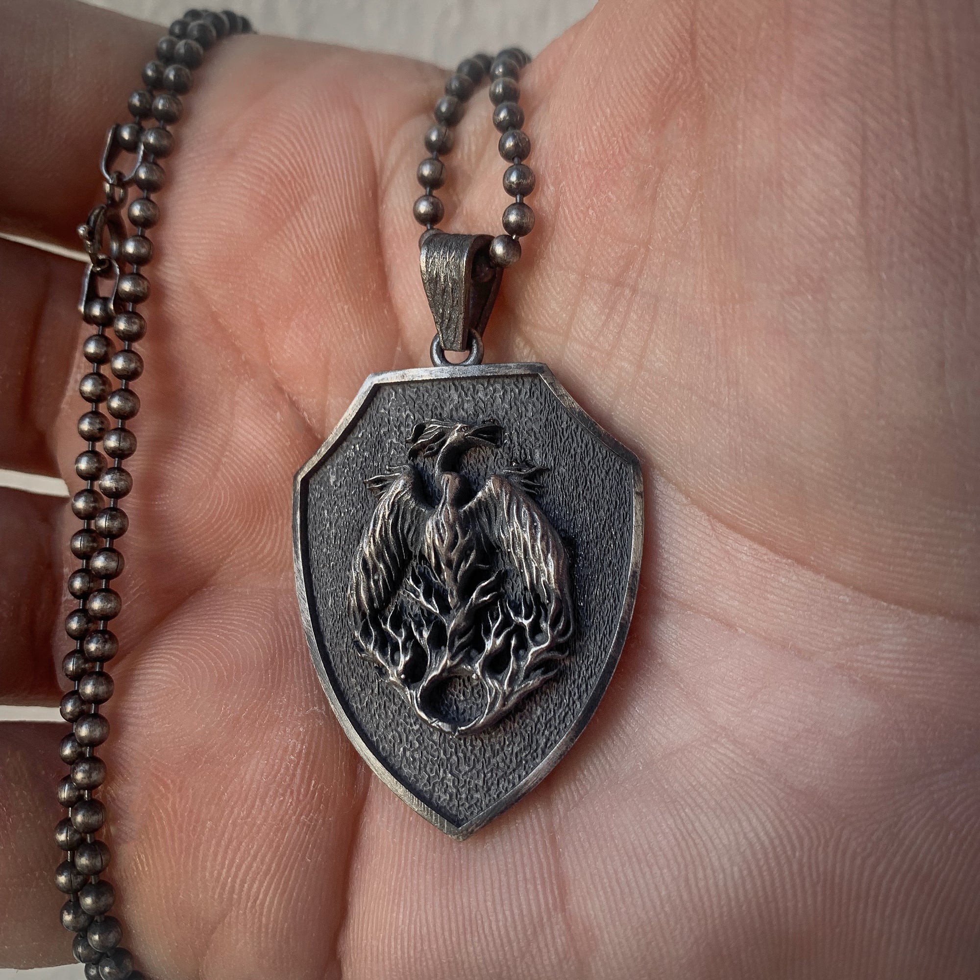 925K Silver Phoenix Men Necklace, Handmade Phoenix Medallion