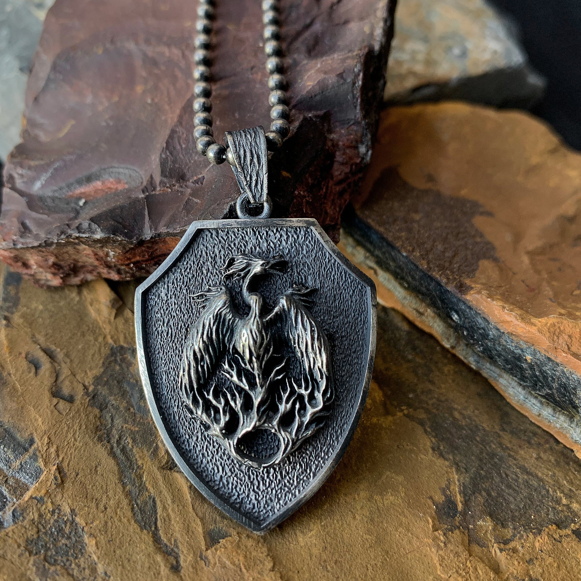 925K Silver Phoenix Men Necklace, Handmade Phoenix Medallion