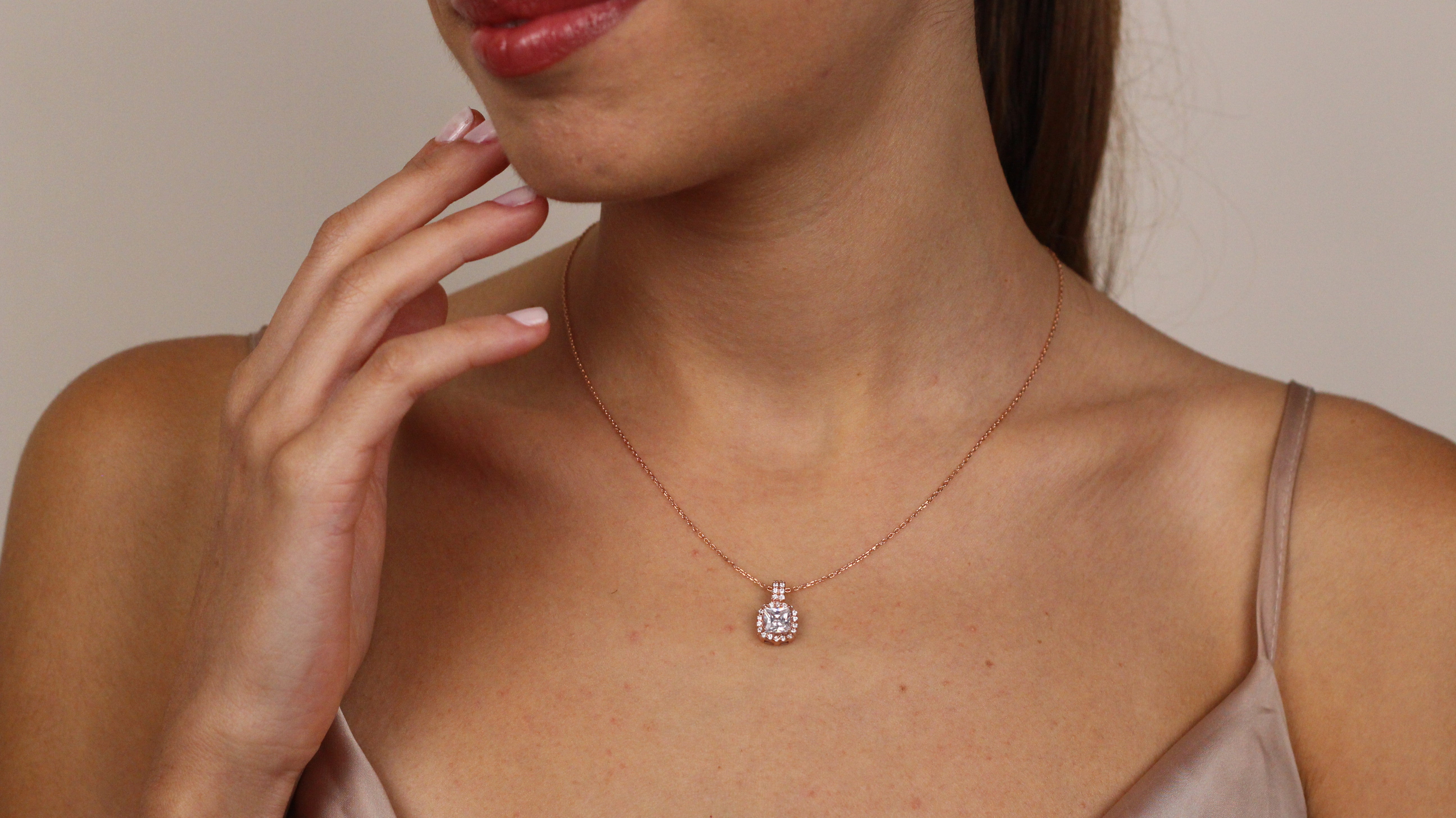 Natural London CZ Diamond Rose Pendant | Cushion Cut Halo CZ Diamond Rose Necklace | Delicate Wedding Pendant