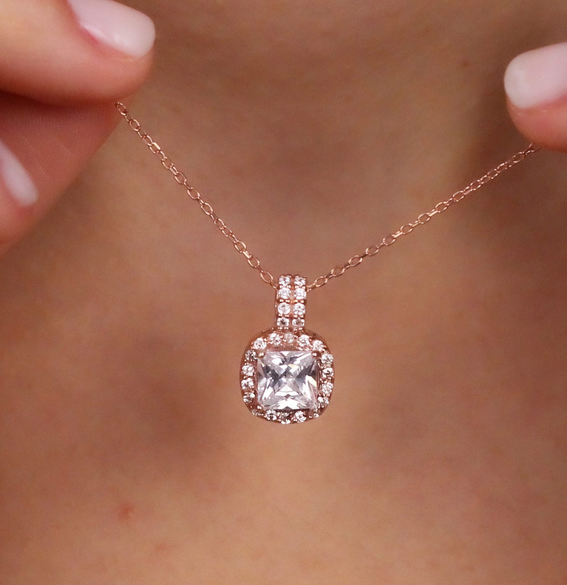 Natural London CZ Diamond Rose Pendant | Cushion Cut Halo CZ Diamond Rose Necklace | Delicate Wedding Pendant