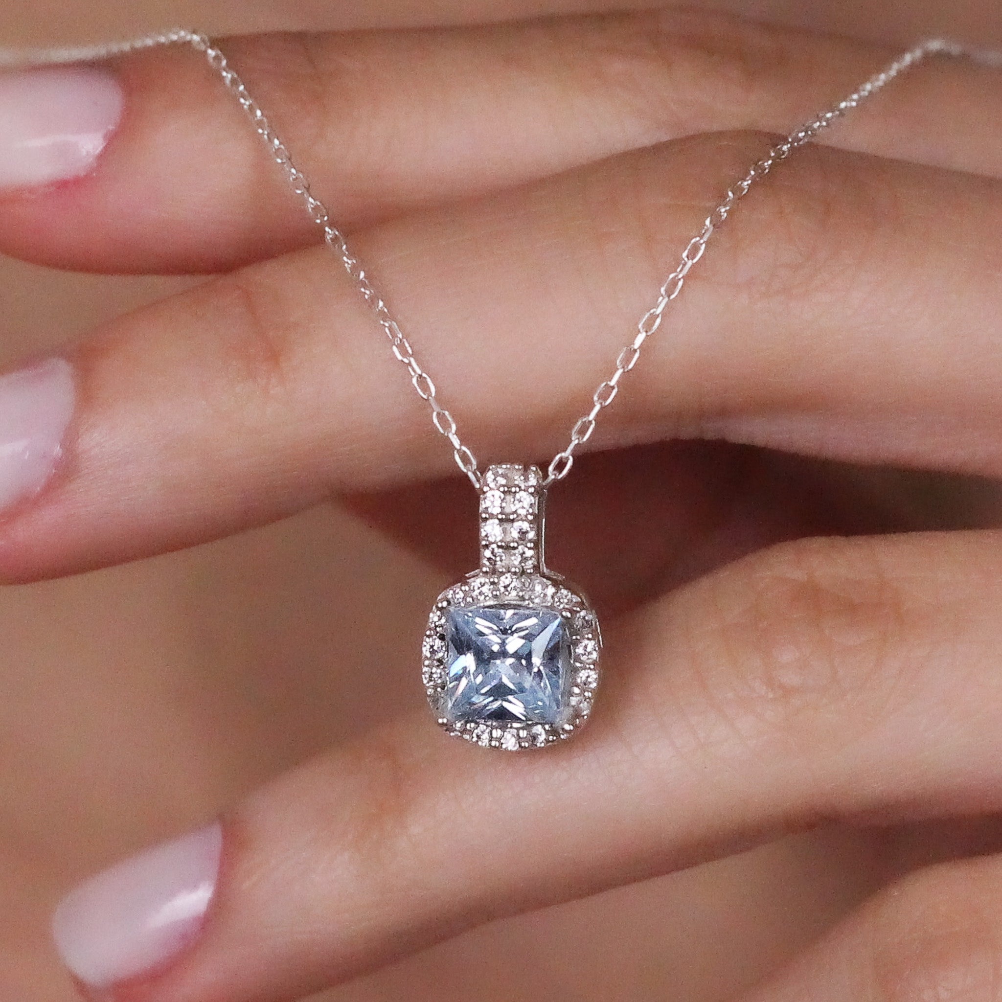 Solid 14K Gold Natural London CZ Blue Topaz Pendant | Cushion Cut Halo Necklace | December Birthstone Jewelry