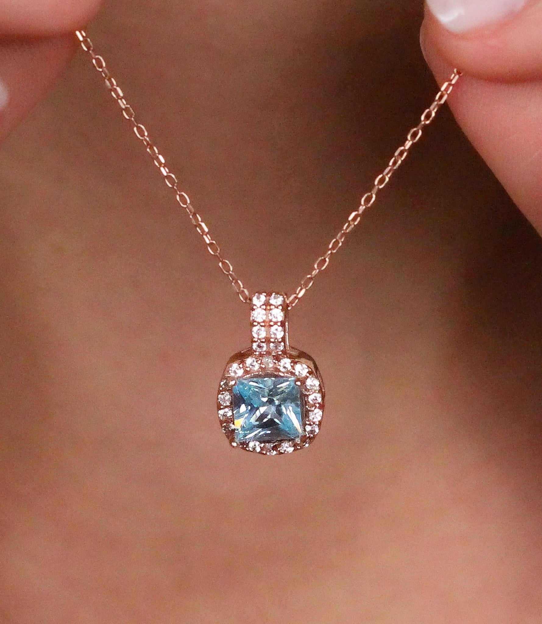 Solid 14K Gold Natural London CZ Blue Topaz Rose Pendant | Cushion Cut Halo Rose Necklace | December Birthstone Jewelry