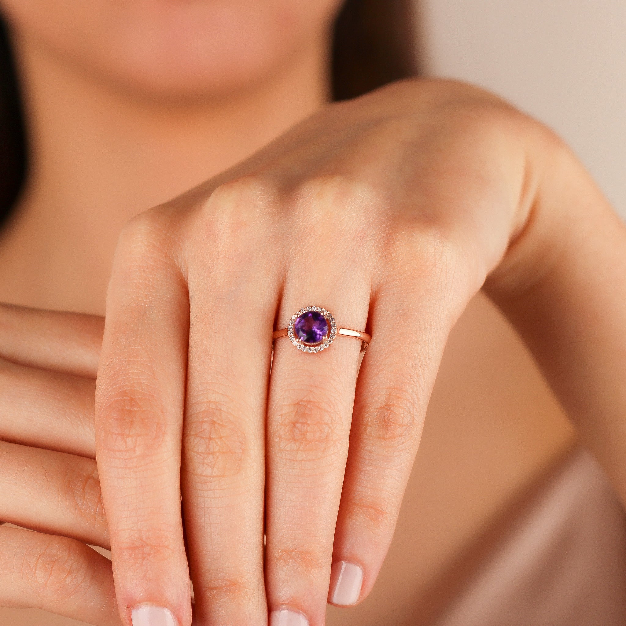 AMALIE Solid Gold Dainty Amethyst Halo Promise Ring | February Birthstone Ring for Women