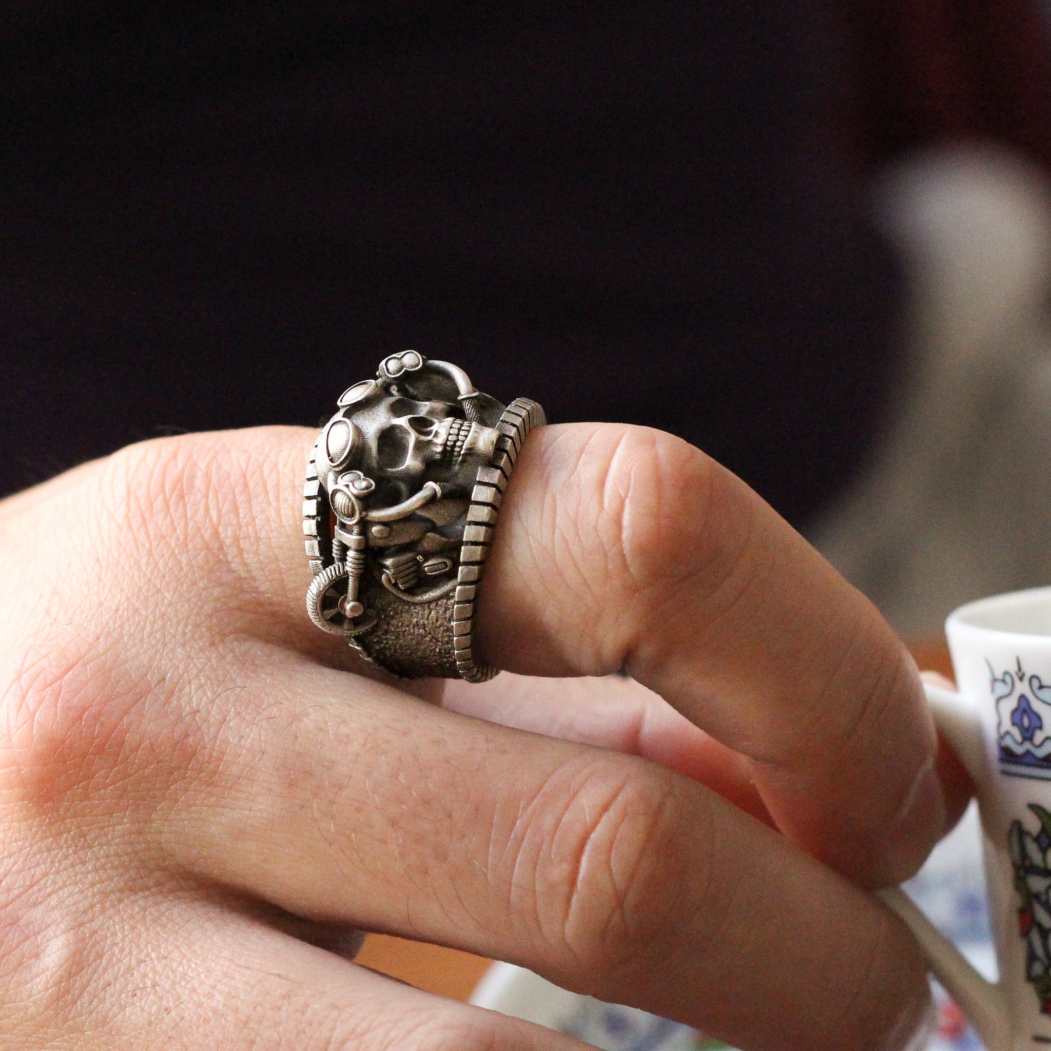 Silver Rebellious Biker-Style Skull Ring | Intricate Silver Jewelry for Men