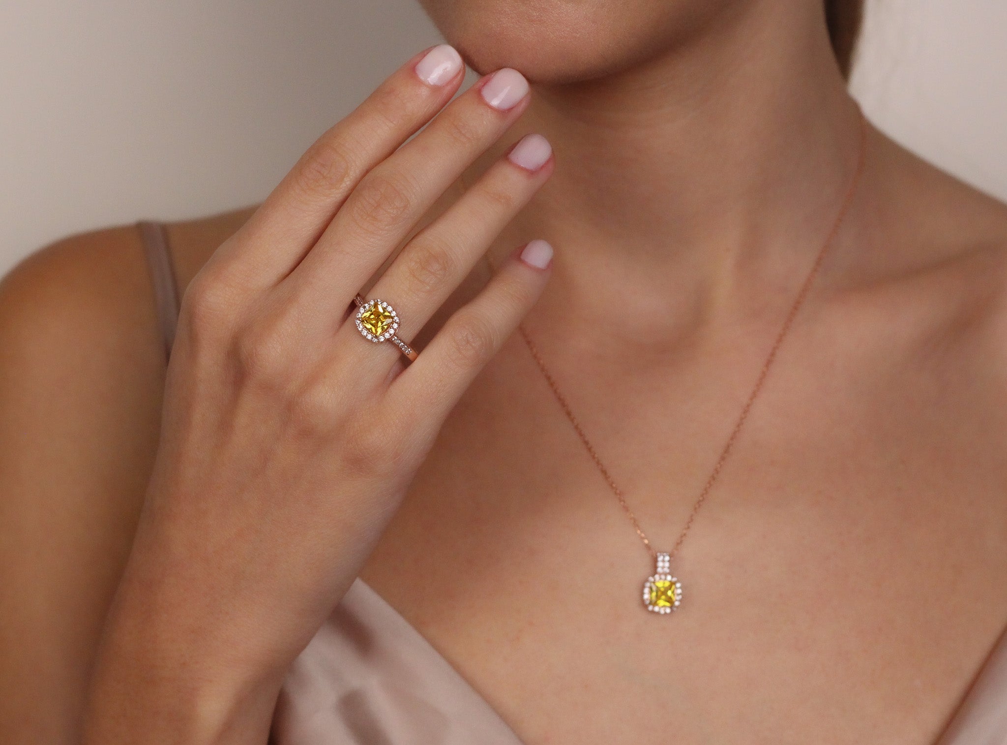 Vibrant Yellow Sapphire Halo Ring with Zircon Stones | Solid Gold & Silver Sapphire Promise Ring for Her