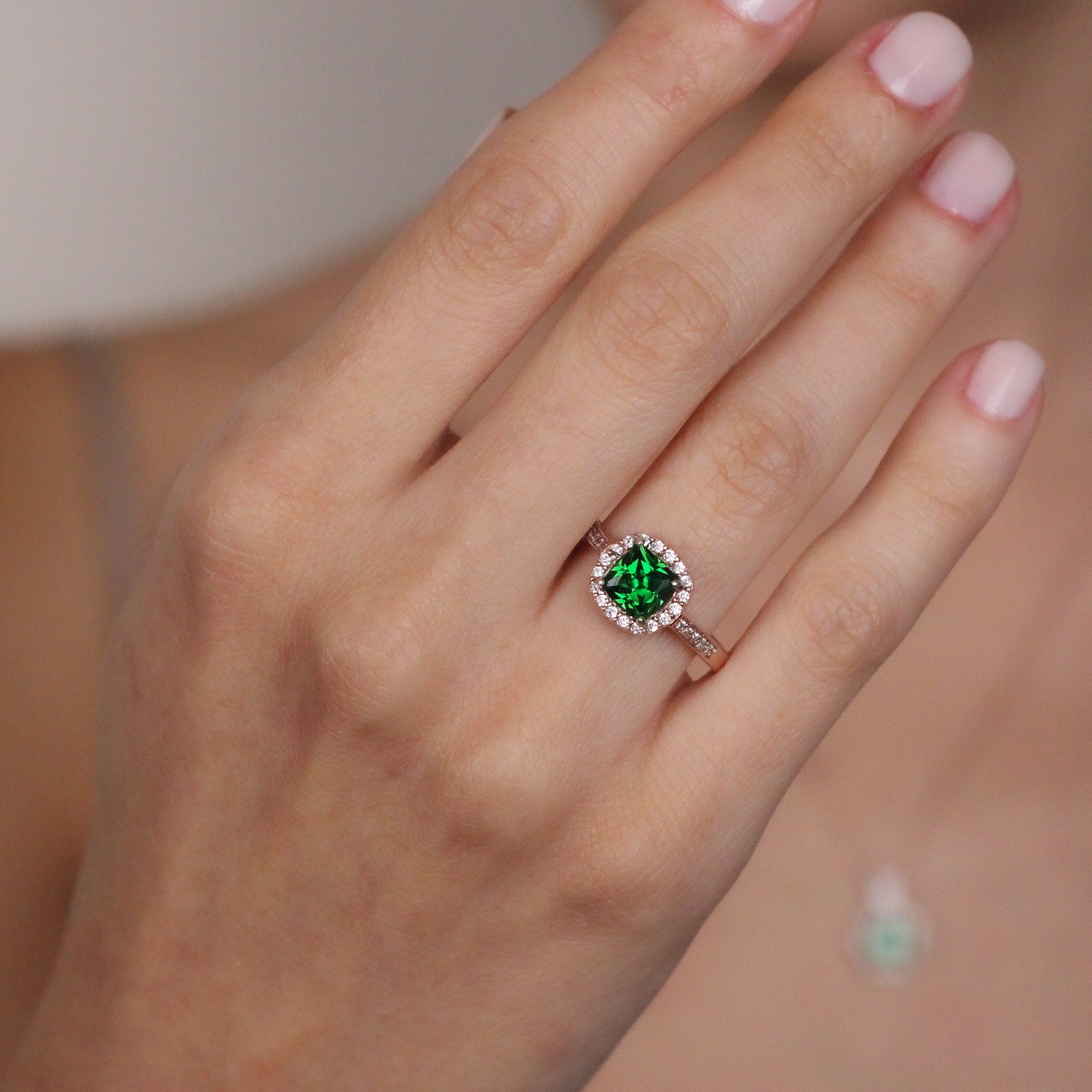 Vivid Green Emerald Ring with Zircon Halo | Solid Silver & Gold Cushion Cut Halo Emerald Ring
