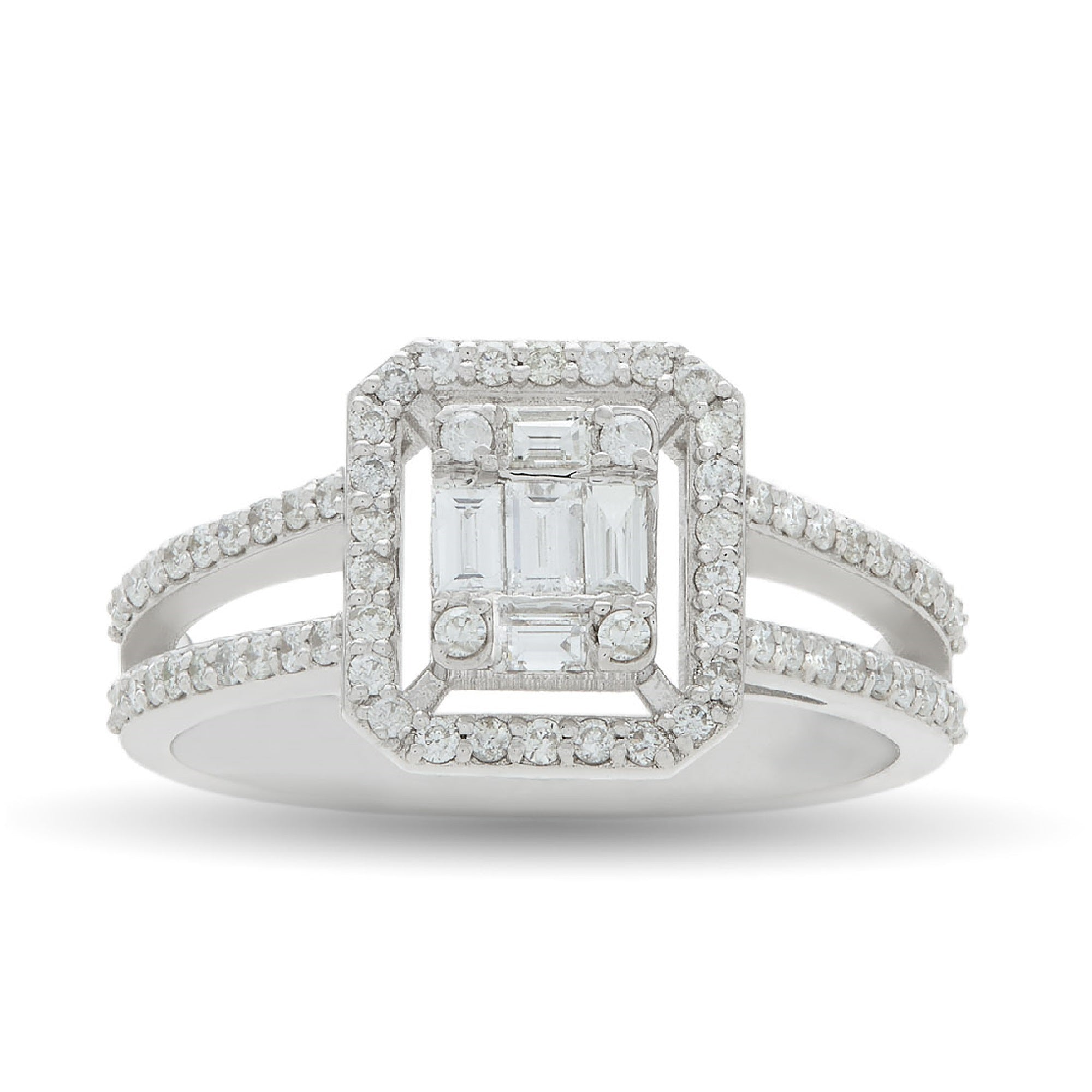 SOPHIA Split Band White Gold Diamond Ring with Baguette Center | 8K or 14K Solid Gold Engagement Ring