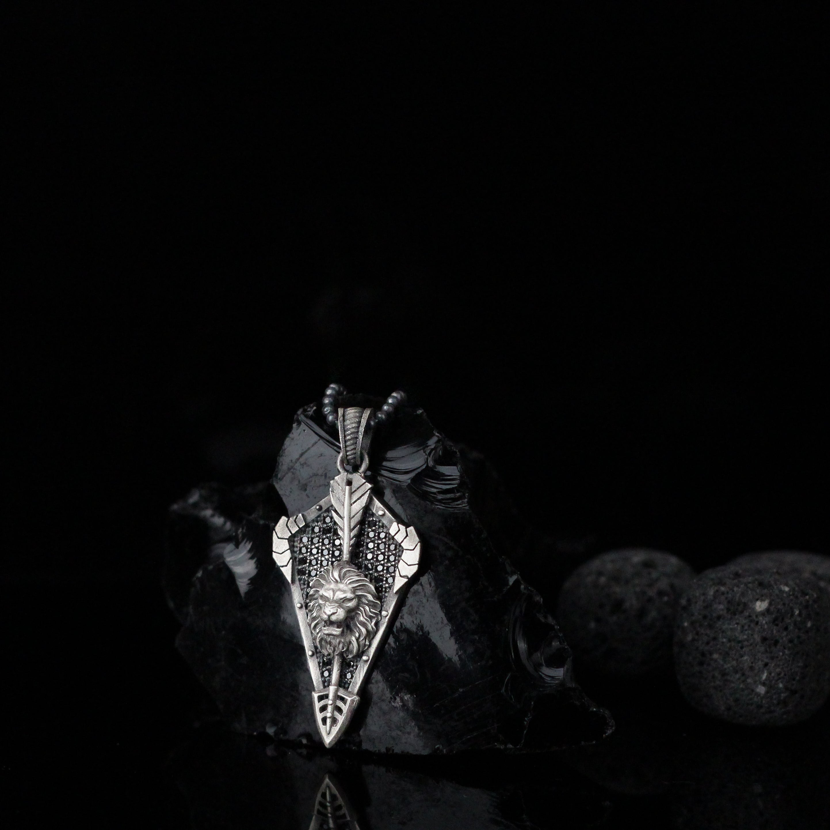 Sterling Silver Lion Necklace With Black Stone