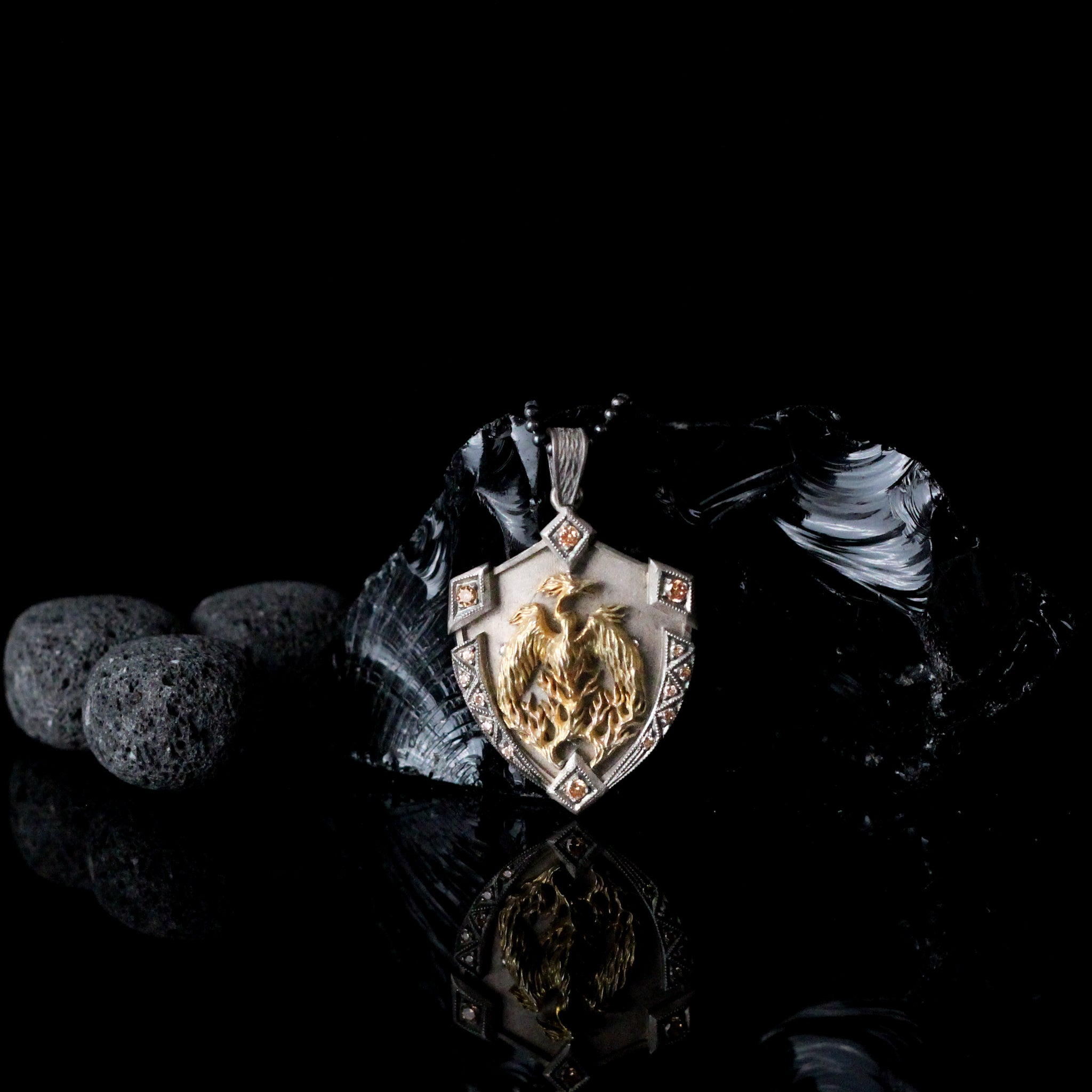 Two Headed Eagle Medallion With Yellow Stones, Silver Men Pendant